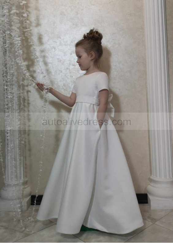 Short Sleeves Ivory Satin Flower Girl Dress